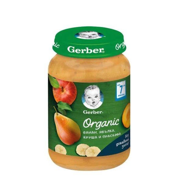 GERBER - Гербер пюре Organic  Банан , ябълка, круша, праскова, 190 g